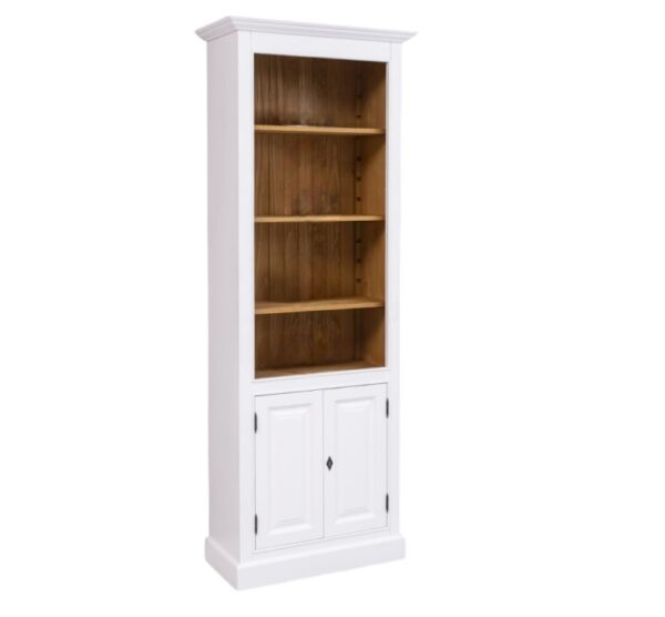 Landelijke boekenkast met vier open vakken en twee deuren. Gemaakt van massief eiken hout in de kleur wit, donkerbruin. Het meubel kan op verschillende manieren geverfd worden in verschillende kleuren en kan op maat gemaakt worden. Villa Laura