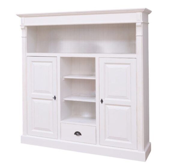 Landelijke boekenkast met open vakken, deuren en een lade voor opbergruimte. Gemaakt van massief eiken hout in de kleur wit met een witte binnenkant. Het meubel kan op verschillende manieren geverfd worden in verschillende kleuren en kan op maat gemaakt worden. Villa Laura