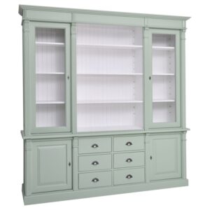 Landelijk klassieke bibliotheekkast, boekenkast, vitrinekast met lades en deuren. de planken in de kast zijn verstelbaar. Gemaakt van massief hout eiken in de kleur mint, licht groen en witte binnenkant. Het kan op maat gemaakt worden. Villa Laura