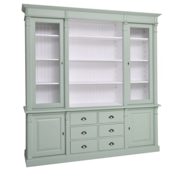 Landelijk klassieke bibliotheekkast, boekenkast, vitrinekast met lades en deuren. de planken in de kast zijn verstelbaar. Gemaakt van massief hout eiken in de kleur mint, licht groen en witte binnenkant. Het kan op maat gemaakt worden. Villa Laura