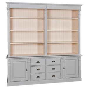 Landelijk klassieke bibliotheekkast met lades en deuren. de planken in de kast zijn verstelbaar. Gemaakt van massief hout eiken in de kleur lichtgrijs met een beige binnenkant. Het kan op maat gemaakt worden. Villa Laura