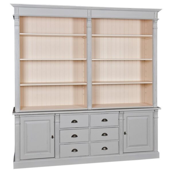 Landelijk klassieke bibliotheekkast met lades en deuren. de planken in de kast zijn verstelbaar. Gemaakt van massief hout eiken in de kleur lichtgrijs met een beige binnenkant. Het kan op maat gemaakt worden. Villa Laura