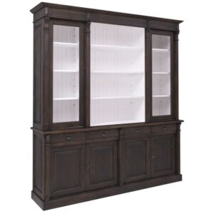 landelijk klassieke bibliotheekkast met lades en deuren. de planken in de kast zijn verstelbaar. Gemaakt van massief hout eiken in de kleur warm bruin hout en binnenkant wit. Het kan op maat gemaakt worden. Villa Laura