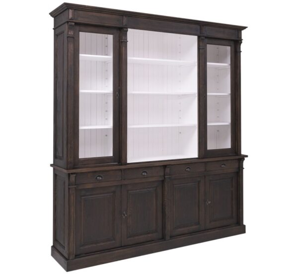 landelijk klassieke bibliotheekkast met lades en deuren. de planken in de kast zijn verstelbaar. Gemaakt van massief hout eiken in de kleur warm bruin hout en binnenkant wit. Het kan op maat gemaakt worden. Villa Laura