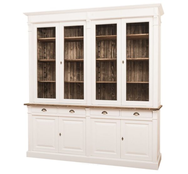 Landelijk klassieke bibliotheekkast/boekenkast/buffetkast/vitrinekast met deuren. de planken in de kast zijn verstelbaar. Gemaakt van massief hout eiken in de kleur wit en binnenkant warm rustiek bruin binnenkant. Het kan op maat gemaakt worden. Villa Laura