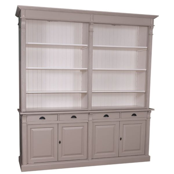 landelijk klassieke bibliotheekkast/boekenkast met lades en deuren. de planken in de kast zijn verstelbaar. Gemaakt van massief hout eiken in de kleur beige zand met een witte binnenkant. Het kan op maat gemaakt worden. Villa Laura