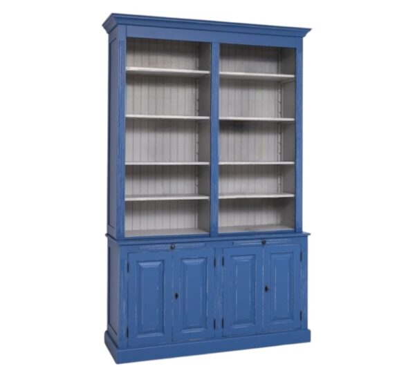 landelijk klassieke boekenkast met een ladder, deuren en uitschuifbare planken. de planken in de kast zijn verstelbaar. Gemaakt van massief hout eiken in de kleur kobalt blauw. Het kan op maat gemaakt worden. Villa Laura