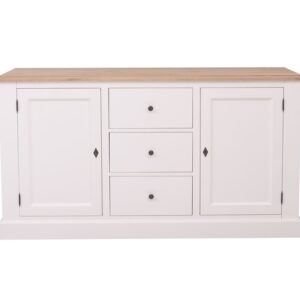landelijk dressoir met 3 grote lades en 2 deuren. gemaakt van massief hout in de kleur wit met licht eiken blad. kan op maat gemaakt worden. Villa Laura