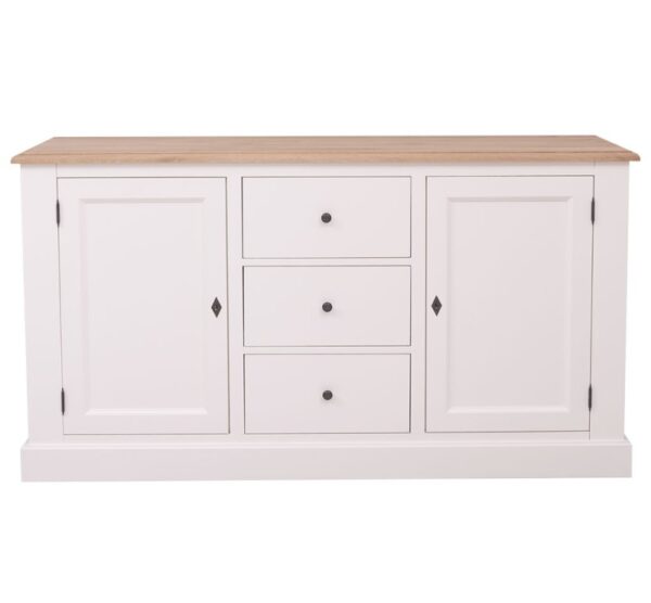 landelijk dressoir met 3 grote lades en 2 deuren. gemaakt van massief hout in de kleur wit met licht eiken blad. kan op maat gemaakt worden. Villa Laura