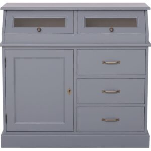 Landelijke smalle dressoir met deuren en lades voor opbergruimte. Onderaan zit links een kastje en rechts 3 lades onder elkaar. Daarboven zitten 2 omhoogslaan schuine deurtjes. Gemaakt van massief eiken hout in de kleur blauw grijs. Het meubel kan op verschillende manieren geverfd worden in verschillende kleuren en kan op maat gemaakt worden. Villa Laura