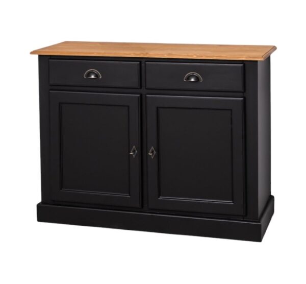 Landelijk dressoir met 2 lades en 2 deuren. gemaakt van massief hout in de kleur zwart met een warm bruin eiken blad. kan op maat gemaakt worden. Villa Laura