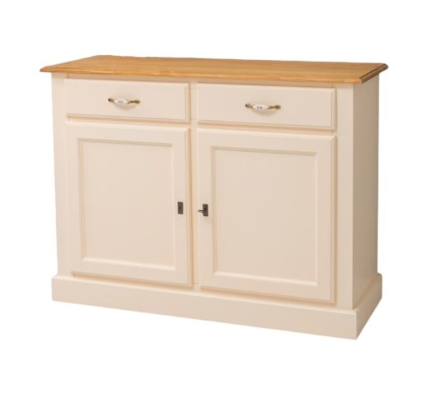 Landelijk dressoir met 2 lades en 2 deuren. gemaakt van massief hout in de kleur vanille, roomwit met warm eiken blad. kan op maat gemaakt worden. Villa Laura
