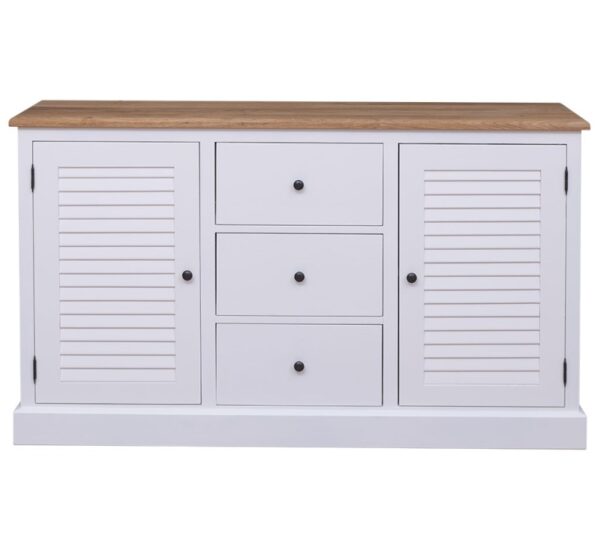 Landelijk dressoir met louvre shutters deurtjes en drie lades voor opbergruimte. Gemaakt van massief eiken hout in de kleur wit met warm eiken blad. Het meubel kan op verschillende manieren geverfd worden in verschillende kleuren en kan op maat gemaakt worden. Villa Laura