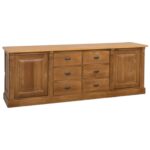 Landelijk klassiek dressoir met lades en deuren. Het dressoir heeft aan beide kanten een deur en in het midden zes lades, drie onder elkaar met een hangend greepje. Gemaakt van massief eiken hout in de kleur warm hout . Het meubel kan op verschillende manieren geverfd worden in verschillende kleuren en kan op maat gemaakt worden. Villa Laura