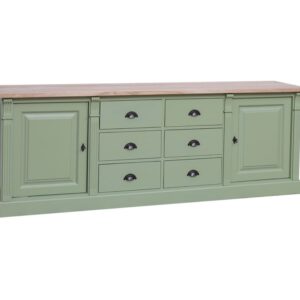 Landelijk klassiek dressoir met lades en deuren. Het dressoir heeft aan beide kanten een deur en in het midden zes lades, drie onder elkaar met een komgreep. Gemaakt van massief eiken hout in de kleur mint en licht naturel eiken. Het meubel kan op verschillende manieren geverfd worden in verschillende kleuren en kan op maat gemaakt worden. Villa Laura