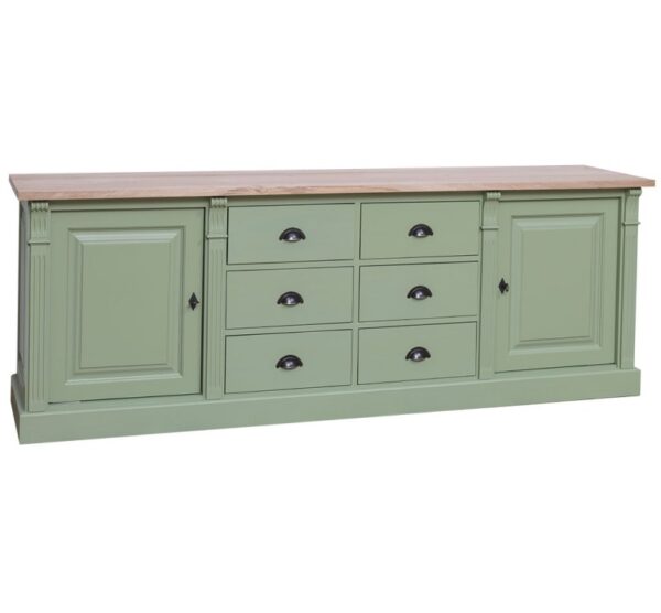 Landelijk klassiek dressoir met lades en deuren. Het dressoir heeft aan beide kanten een deur en in het midden zes lades, drie onder elkaar met een komgreep. Gemaakt van massief eiken hout in de kleur mint en licht naturel eiken. Het meubel kan op verschillende manieren geverfd worden in verschillende kleuren en kan op maat gemaakt worden. Villa Laura