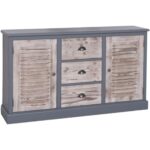 Landelijk dressoir met louvre shutters deurtjes en drie lades voor opbergruimte. Gemaakt van massief eiken hout in de kleur blauw met beach wood deurtjes. Het meubel kan op verschillende manieren geverfd worden in verschillende kleuren en kan op maat gemaakt worden. Villa Laura