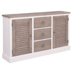 Landelijk dressoir met louvre shutters deurtjes en drie lades voor opbergruimte. Gemaakt van massief eiken hout in de kleur wit met warm bruin grijs eiken houten deurtjes. Het meubel kan op verschillende manieren geverfd worden in verschillende kleuren en kan op maat gemaakt worden. Villa Laura