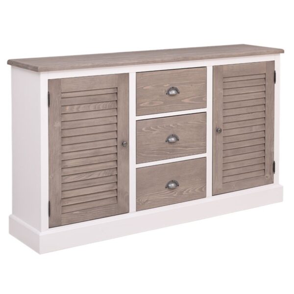 Landelijk dressoir met louvre shutters deurtjes en drie lades voor opbergruimte. Gemaakt van massief eiken hout in de kleur wit met warm bruin grijs eiken houten deurtjes. Het meubel kan op verschillende manieren geverfd worden in verschillende kleuren en kan op maat gemaakt worden. Villa Laura