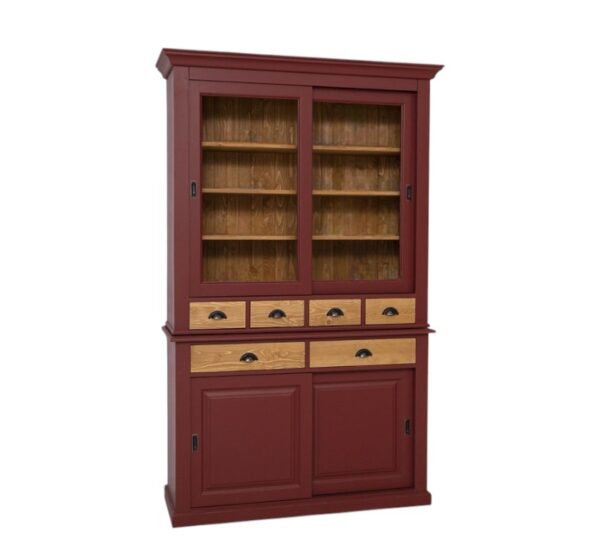 Landelijke buffetkast met deuren en lades. Gemaakt van massief eiken hout in de kleur bordeaux rood en naturel binnenkant. Het meubel kan op verschillende manieren geverfd worden in verschillende kleuren en kan op maat gemaakt worden. Villa Laura