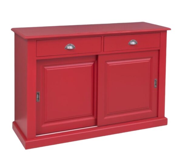 landelijk klassiek dressoir met schuifdeuren en lades voor veel opbergruimte. Gemaakt van massief hout in de kleur rood. Het kan op maat gemaakt worden. Villa Laura