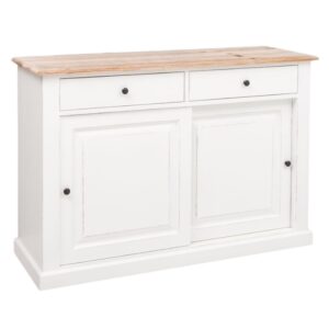 landelijk klassiek dressoir met schuifdeuren en lades voor veel opbergruimte. Gemaakt van massief hout in de kleur wit en rustiek whitewash blad. Het kan op maat gemaakt worden. Villa Laura