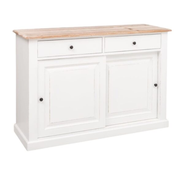 landelijk klassiek dressoir met schuifdeuren en lades voor veel opbergruimte. Gemaakt van massief hout in de kleur wit en rustiek whitewash blad. Het kan op maat gemaakt worden. Villa Laura