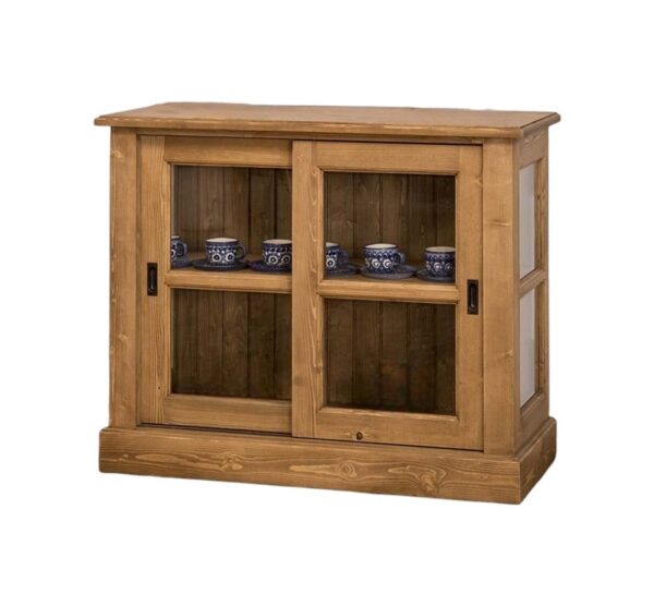 Landelijk dressoir met twee schuifdeuren met glas voor opbergruimte. Gemaakt van massief eiken hout in de kleur naturel bruin eiken met een witte binnenkant. Het meubel kan op verschillende manieren geverfd worden in verschillende kleuren en kan op maat gemaakt worden. Villa Laura