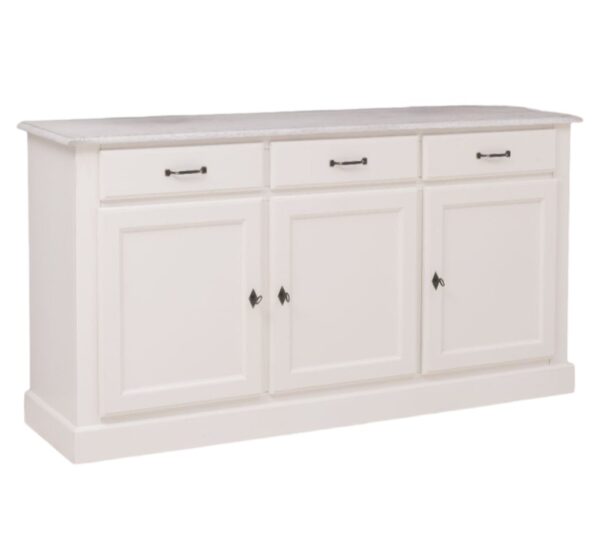 Landelijke dressoir met deuren en lades voor opbergruimte. De kast heeft drie deuren en drie lades. Gemaakt van massief eiken hout in de kleur wit met white wash blad. Het meubel kan op verschillende manieren geverfd worden in verschillende kleuren en kan op maat gemaakt worden. Villa Laura