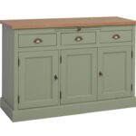 landelijk dressoir met lades, deuren uitschuifbare plank voor veel opbergruimte. Gemaakt van massief hout in de kleur groen, olijfgroen met naturel eiken blad. Het kan op maat gemaakt worden. Villa Laura