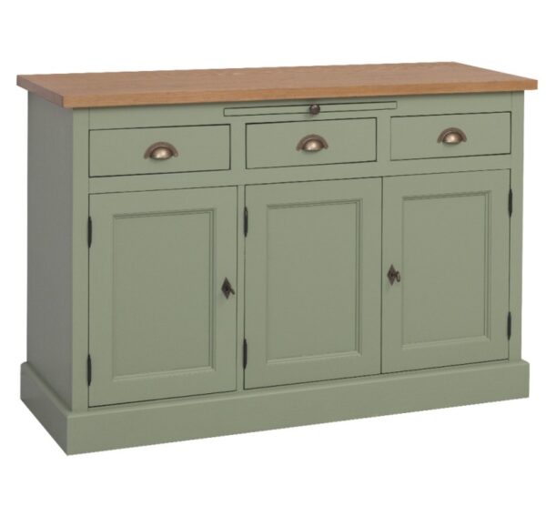 landelijk dressoir met lades, deuren uitschuifbare plank voor veel opbergruimte. Gemaakt van massief hout in de kleur groen, olijfgroen met naturel eiken blad. Het kan op maat gemaakt worden. Villa Laura