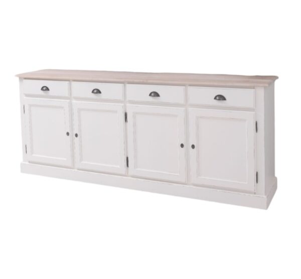 Landelijk dressoir met 4 lades en 4 deuren. gemaakt van massief hout in de kleur wit en whitewash blad. kan op maat gemaakt worden. Villa Laura