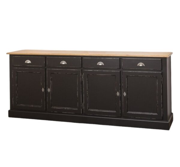 Landelijk dressoir met 4 lades en 4 deuren. gemaakt van massief hout in de kleur zwart vintagelook met een eiken blad. kan op maat gemaakt worden. Villa Laura