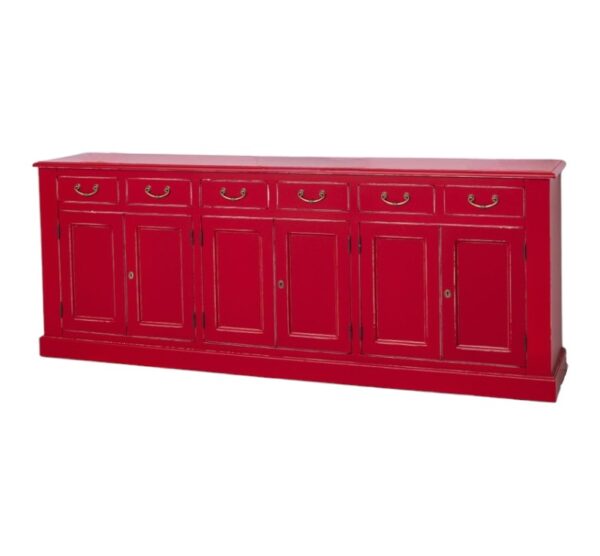 landelijk dressoir met 6 lades en 6 deuren. gemaakt van massief hout in de kleur rood. kan op maat gemaakt worden. Villa Laura