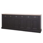 landelijk dressoir met 6 lades en 6 deuren. gemaakt van massief hout in de kleur zwart met licht eiken blad. kan op maat gemaakt worden. Villa Laura