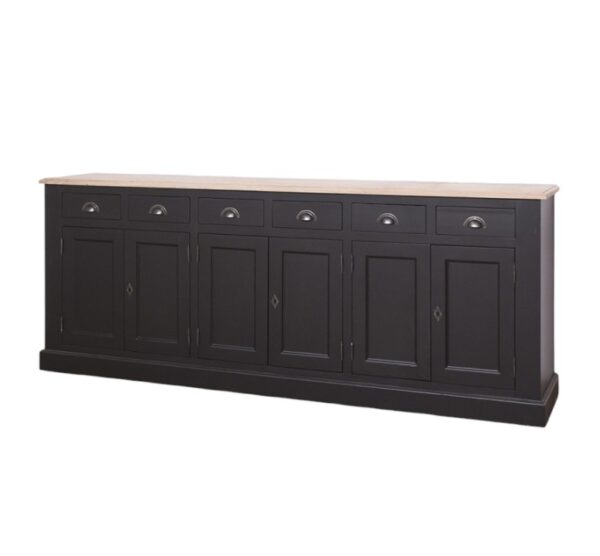 landelijk dressoir met 6 lades en 6 deuren. gemaakt van massief hout in de kleur zwart met licht eiken blad. kan op maat gemaakt worden. Villa Laura