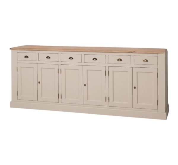 landelijk dressoir met 6 lades en 6 deuren. gemaakt van massief hout in de kleur grijs, beige met naturel blad. kan op maat gemaakt worden. Villa Laura
