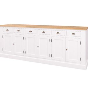 landelijk dressoir met 6 lades en 6 deuren. gemaakt van massief hout in de kleur wit en licht eiken blad. kan op maat gemaakt worden. Villa Laura