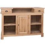 Modern landelijke eiken balie/toonbank met 2 lades, 1 kastje en 4 vakken voor opberg. De volledige kast is in de kleur gebrand eiken. Villa Laura