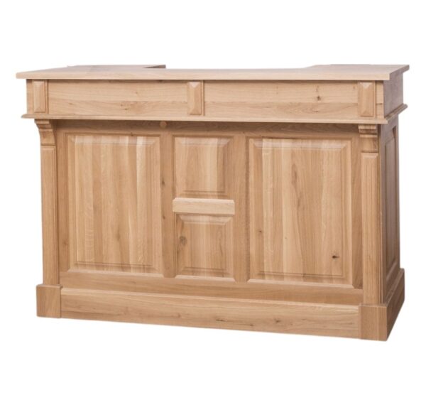 Modern landelijke eiken balie/toonbank met 2 lades, 1 kastje en 4 vakken voor opberg. De volledige kast is in de kleur gebrand eiken. Villa Laura