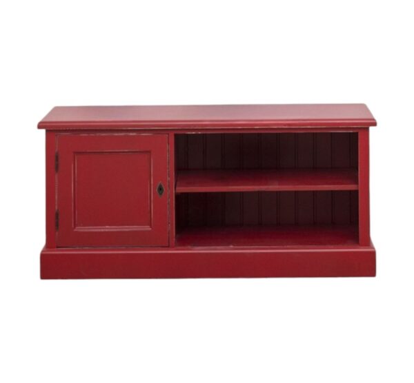 Landelijk tv meubel met deur en twee open vakken. Gemaakt van massief eiken hout in de kleur rood vintage look. Het meubel kan op verschillende manieren geverfd worden in verschillende kleuren en kan op maat gemaakt worden. Villa Laura