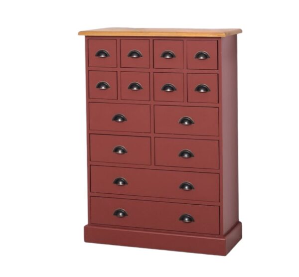 Landelijke hoge ladekast met veertien lades in verschillende formaten voor opbergruimte. Gemaakt van massief eiken hout in de kleur bordeaux rood. Het meubel kan op verschillende manieren geverfd worden in verschillende kleuren en kan op maat gemaakt worden. Villa Laura