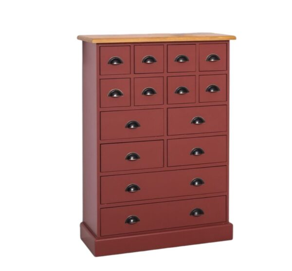 Landelijke hoge ladekast met veertien lades in verschillende formaten voor opbergruimte. Gemaakt van massief eiken hout in de kleur bordeaux rood. Het meubel kan op verschillende manieren geverfd worden in verschillende kleuren en kan op maat gemaakt worden. Villa Laura