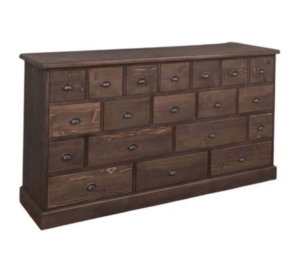 Landelijke ladekast met 19 verschillende formaten lades. Gemaakt van massief eiken hout in de kleur donker bruin, wenge, walnoot. Het meubel kan op verschillende manieren geverfd worden in verschillende kleuren en kan op maat gemaakt worden. Villa Laura