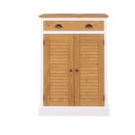 Landelijk louvre shutter opbergkastje met 2 deuren en een lade. Gemaakt van massief eiken hout in de kleur wit en naturel eiken deurtjes. Het meubel kan op verschillende manieren geverfd worden in verschillende kleuren en kan op maat gemaakt worden. Villa Laura