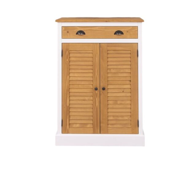 Landelijk louvre shutter opbergkastje met 2 deuren en een lade. Gemaakt van massief eiken hout in de kleur wit en naturel eiken deurtjes. Het meubel kan op verschillende manieren geverfd worden in verschillende kleuren en kan op maat gemaakt worden. Villa Laura