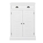 Landelijk louvre shutter opbergkastje met 2 deuren en een lade. Gemaakt van massief eiken hout in de kleur wit. Het meubel kan op verschillende manieren geverfd worden in verschillende kleuren en kan op maat gemaakt worden. Villa Laura