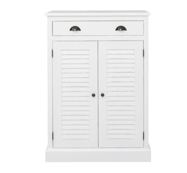 Landelijk louvre shutter opbergkastje met 2 deuren en een lade. Gemaakt van massief eiken hout in de kleur wit. Het meubel kan op verschillende manieren geverfd worden in verschillende kleuren en kan op maat gemaakt worden. Villa Laura