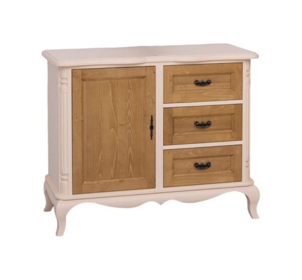 Klassieke lage kast met 3 kleine lades en een kastje voor opbergruimte. Het kastje staat op vier klassieke sierlijke pootjes en blad. Gemaakt van massief hout in de kleur roomwit en naturel. De kast kan op verschillende manieren geverfd worden in verschillende kleuren en kan op maat gemaakt worden. Villa Laura