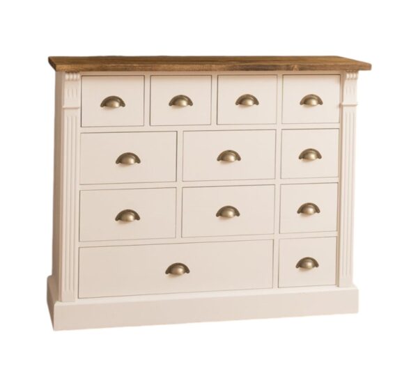 Landelijke hoge ladekast met twaalf lades in verschillende formaten. Gemaakt van massief eiken hout in de kleur wit met warm eiken. Het meubel kan op verschillende manieren geverfd worden in verschillende kleuren en kan op maat gemaakt worden. Villa Laura